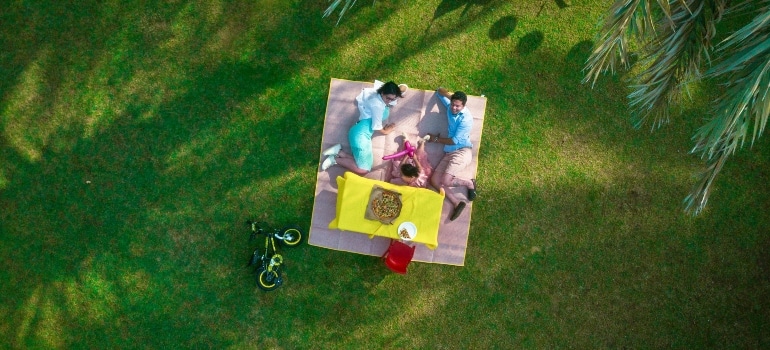 A family enjoys a sunny afternoon picnic on a lush green lawn, relaxing together with good food and laughter.